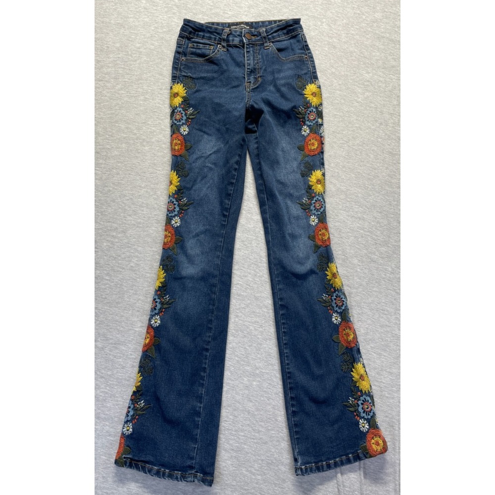 Ashley Mason Premium Jeans Womens 0/24 Blue Denim Embroidered Floral Bootcut Leg